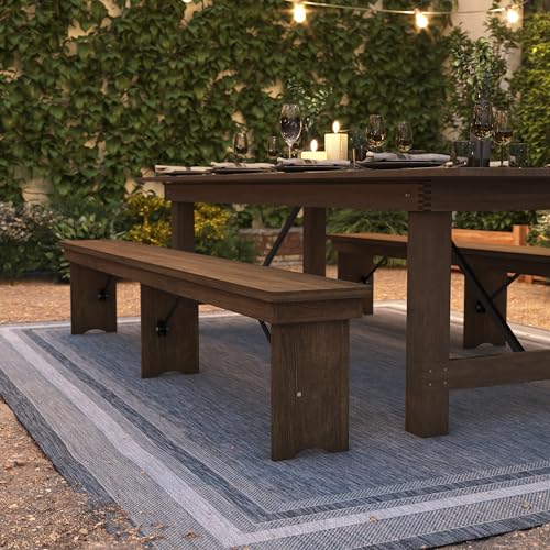 Hercules Series 8' x 12' Commercial Grade Rustic Solid Pine Folding Bench, Antique Farmhouse 3 Leg Dining Bench, Seats up to 4 Adults | Foldable Locking Legs
