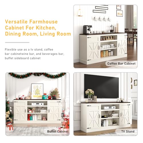 66" Farmhouse TV Stand with Power Outlets for 75 Inch TVs, 33" Tall Entertainment Center with Storage Cabinets w/Adjustable Shelves, Rustic Large TV Media Console, Rustic White