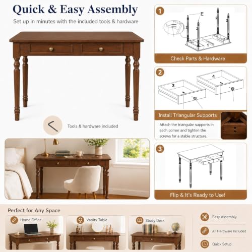 47" French Country Desk, Walnut Writing Desks with Drawers, view 8