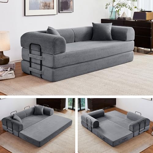 79" Convertible Sofa Bed, 5-in-1 Corduroy Boneless Couch Bed Sofa Pull Out, Memory Foam Couch, No Assembly Futon Couches for Living Room Dark Grey