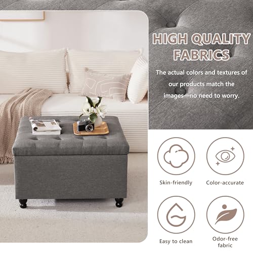 30 Inch Large Square Storage Ottoman Coffee Table, Oversized Square Ottoman with Storage, Tufted Upholstered Coffee Tables for Living Room (Fabric, Dark Grey)