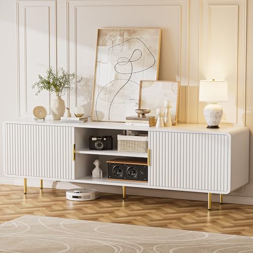 TV Stand for 65 Inch TV, Fluted TV Stand with Curved Profile Design, White Modern Entertainment Center TV Console Table with Sliding Doors & Adjustable Shelves, TV Stand for Living Room Bedroom, White