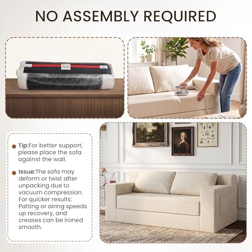 71" Boneless Loveseat Couch,Chenille Pullout Futon Couch,4 in 1 Folding 3 Seater Sofa Bed for Living Room,Boneless Cloud Couch with Storage Pocket & 2 Pillows,Beige