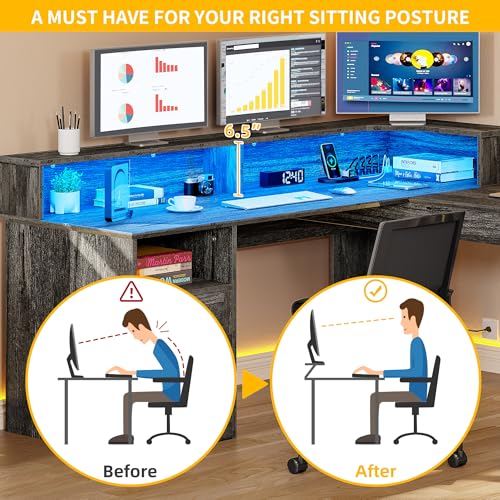 L Shaped Desk with Drawers, 60" Corner Computer Desk with Power Outlets & Lift Top, Home Office Desk with Storage Cabinet & LED Lights, Wood Desk, Height Adjustable Desk, Grey