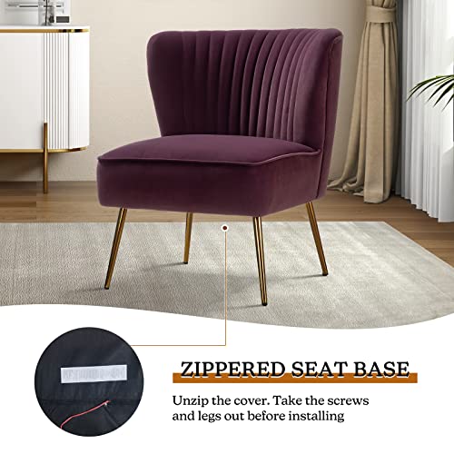 Velvet Accent Chair, Modern Upholstered Cute Side Chair with Gold Metal Legs, Armless Wingback Slipper Chair Comfy Living Room Chair for Bedroom Guest Room Vanity, Purple