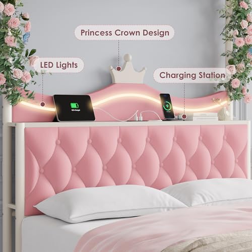 Queen Size Upholstered LED Canopy Bed Frame with Charging Station and Drawer, view 7