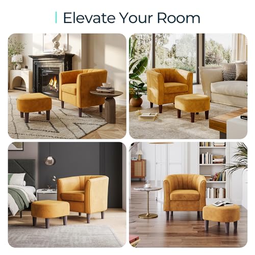 Accent Chair with Ottoman, Modern Barrel Chair Small Armchair Reading Chair with Footrest, Comfy Round Arms Chair for Living Room Bedroom Reading Room, Velvet, Yellow