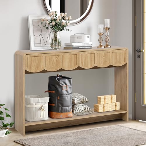 Console Table with Drawers, Mid-Century 43 Inches Narrow Entryway Table with Open Storage Shelves, Hallway Accent Tables Behind Couch Tables for Living Room - Natural