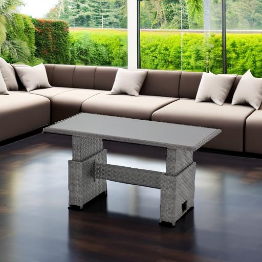 Outdoor Patio Lift Dining Table, Rectangle Patio Coffee Table with Glass Tabletop, Wicker Furniture Multi-Function Dining Table for Backyard, Deck, Garden, Grey
