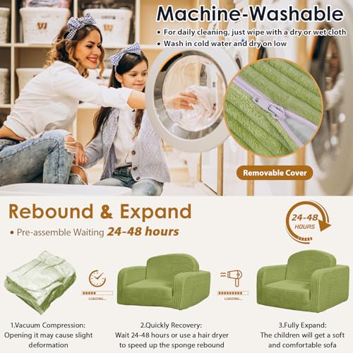 2 in 1 Convertible Kids Couch - Corduroy Fold Out Kids Sofa Chair with Blanket, Comfy Comfortable Toddler Chair, Machine-Washable Cover, for Boys Girls, Medium Green