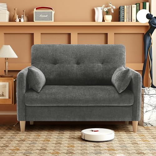47" Small Sofa Couch for Bedroom, Soft Chenille loveseat Mini Couch with Throw Pillow and Removable Cushion Cover for Small Spaces, Living Room, Apartment, Dorm, Office(Dark Grey)