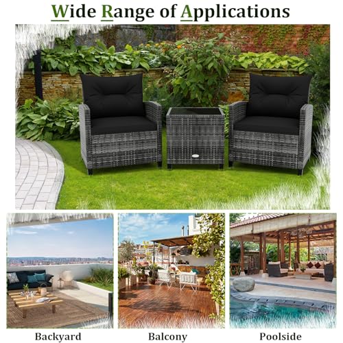 3 Piece Patio Furniture Set, Wicker Bistro Conversation Set w/2 Cushioned Armchairs & Glass Topped Table, Outdoor Rattan Sofa Set Patio Furniture for Porch Balcony Poolside (Grey-Black)