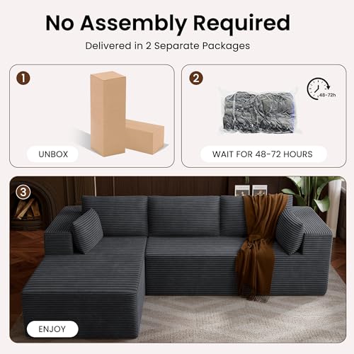 106" Cloud Sectional Boneless Couches for Living Room, Modular L Shaped Couch with Deep Seat Oversized Left Facing Chaise, Memory Foam Compressed Spineless 3 Seater Sofa for Bedroom Apartment, Grey