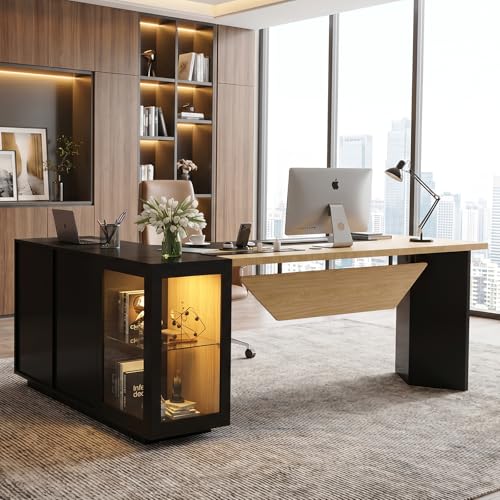 74.4" L-Shaped Executive Desk w/ Power Outlets & Glass Display Cabinet, Large Office Desk w/ 3 Drawers & File Cabinet, Corner Computer Desk Business Workstation for Home Office (Black + Light Wood)