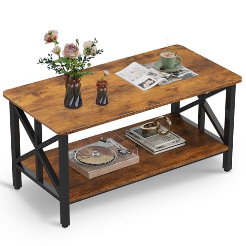 Coffee Table for Living Room, 39" Modern 2-Tier Center Table with Round Corners, Storage Shelf, Farmhouse Style Small Coffee Table with Metal Frame, Rustic Brown