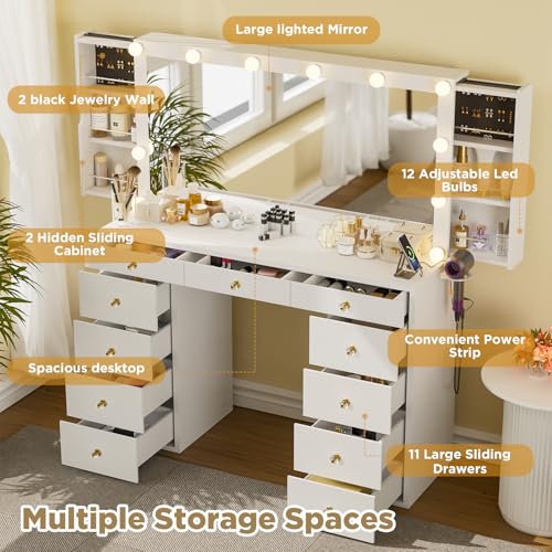 Vanity Desk with Mirror and Lights, White Vanity with Hidden Jewelry Storage Cabinet, Charging Station, 11 Drawers Makeup Vanity with Lights, Crystal Knobs, 3 Color Lighting Modes for Girls