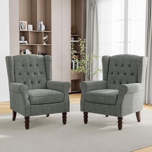 Mid-Century Modern Wingback Accent Chair - Plush Upholstered Armchair with Solid Oak Legs, Ergonomic High Back Design for Living Room, Bedroom Home Office - Stylish Retro Reading Lounge Chair, Gray