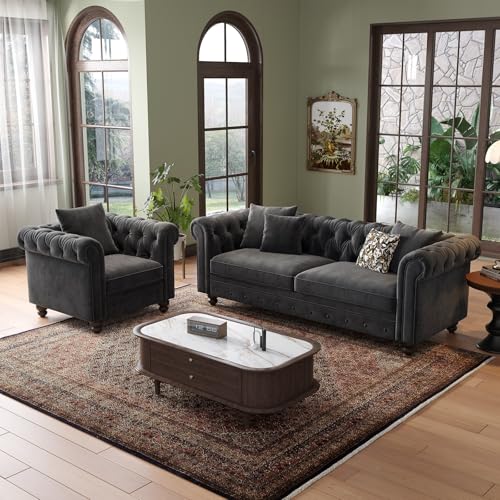 82 Inch Chesterfield Sofa, 23 Inch Deep Seat Velvet Couch for Living Room, Button Tufted Couch with Rolled Arms, 2 Throw Pillows, Comfy Vintage Loveseat Sofa for Apartment, Black