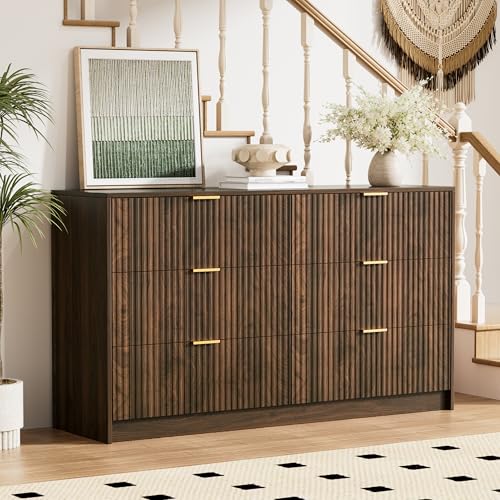 Walnut Dresser for Bedroom, Modern Dresser with 6 Drawers and Smooth Slides, view 8