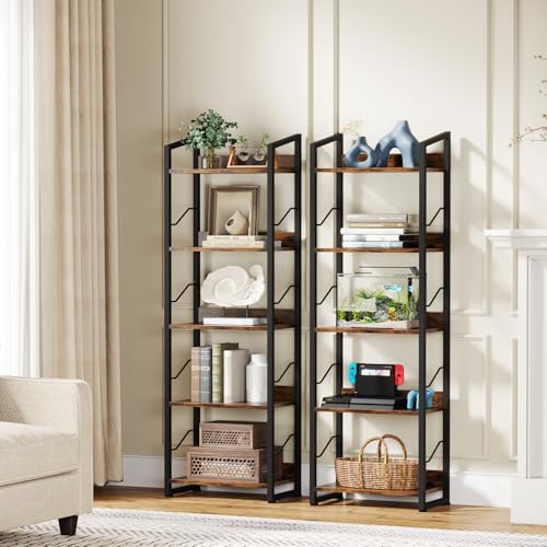 5 Tier Tall Bookshelf: Industrial Wood Book Shelf with Edge Protection Metal Narrow Bookshelf Bookcase Storage Organizer Display Rack for Living Room Home Office (Rustic Brown)