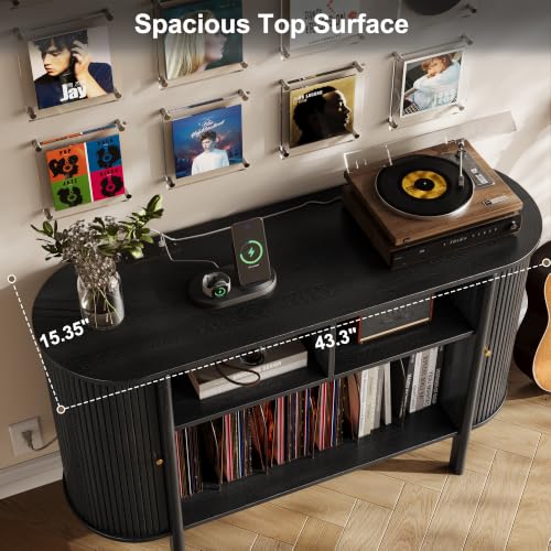 43"W Record Player Stand with Power Outlets, Vinyl Storage Cabinet, Black, view 7