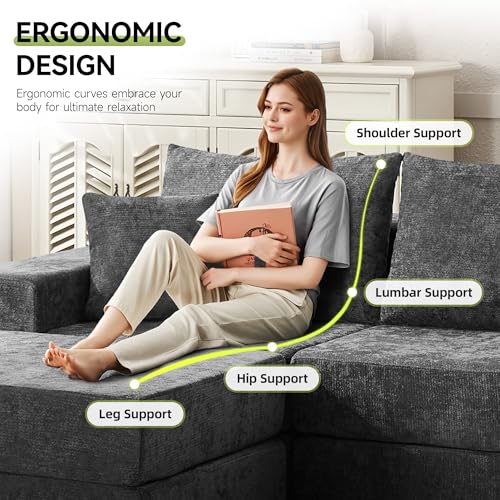 79" Boneless Cloud Loveseat Sofa Couch, Modular Foldable Floor Sofa with Ottoman, Chenille Lounge Convertible Sofa Bed for Living Room, No Assembly, Dark Grey