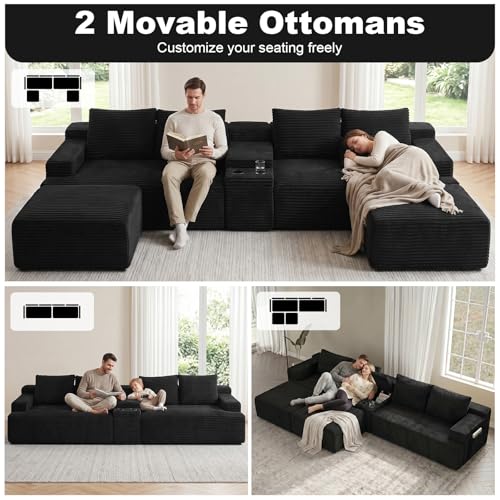 140.6" Oversized U Shaped Black Boneless Sectional Couches for Living Room, Large Cloud Modular Sofa Set with Storage Console, Cup Holder, Side Pockets, Deep Seat No Assembly Corduroy Couch