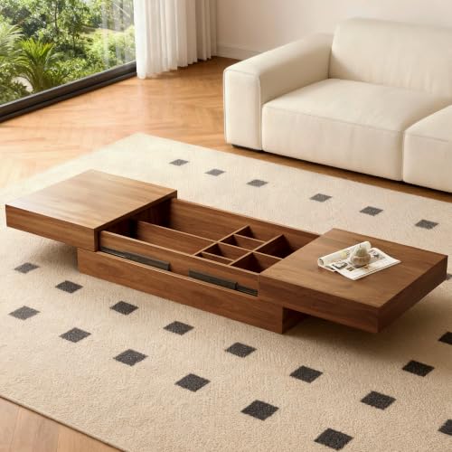 Mid-Century Modern Farmhouse 47.2-81.8" Expandable Coffee Table,Adjustable Center Table with Large Storage for Living Room, Walnut