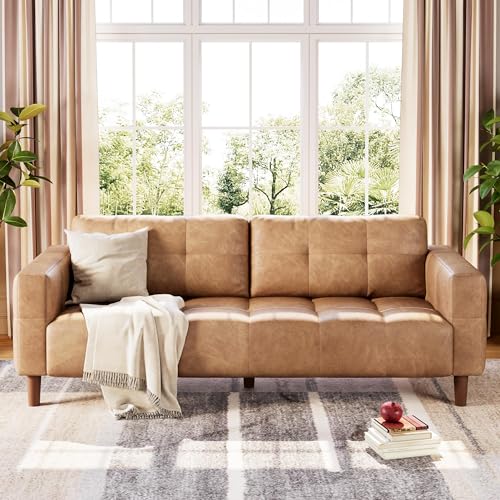 83” Brown Faux Leather Couch, 3 Seater Sofa Couches with 2 Removable Back Cushions for Living Room, Large Mid Century Modern Office Apartment Couch (Brown)