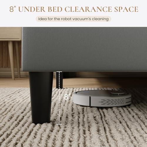 Queen Size Upholstered Platform Bed Frame with Headboard, Grey, view 7
