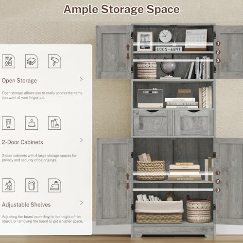 57.8" H Tall Storage Cabinet with 2 Drawers & 2 Adjustable Shelves, Bathroom Storage Cabinet with 4 Doors, Floor Cupboard, for Living Room, Dining Room, Entryway, Woodgrain Gray