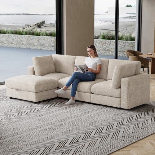 114" Oversized Modular Sectional Sofa, L Shaped Sectional Couches for Living Room, 4 Seat Modular Sofa with Storage Ottoman & Removable Cover, Beige White