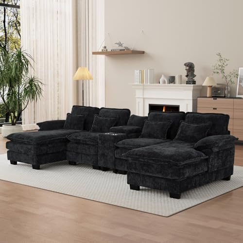 U Shaped Cloud Sectional Couch, 132" Fluffy Modular Sofa Set with Double Chaise Lounge Central Console & USB Port, Comfy Chenille Big Sectional Couches for Living Room, Dark Black