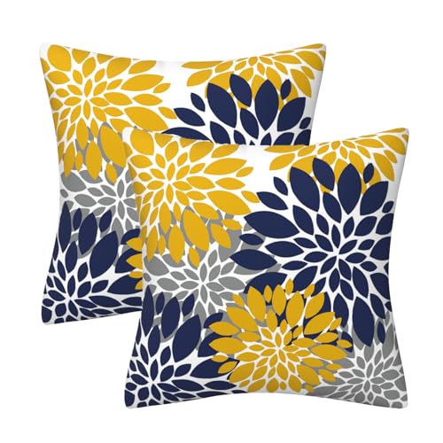 Navy Blue Yellow Grey Dahlia Floral Throw Pillows Farmhouse Decorative Throw, view 2