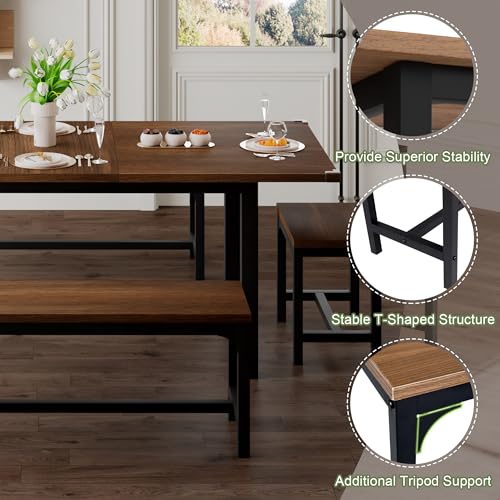 5-Piece Dining Table Set for 4-8 People, 63" Extendable Kitchen Table with 2 Benches and 2 Square Stools, Mid-Century Modern Wooden Dining Room Table, Space-Saving, Walnut