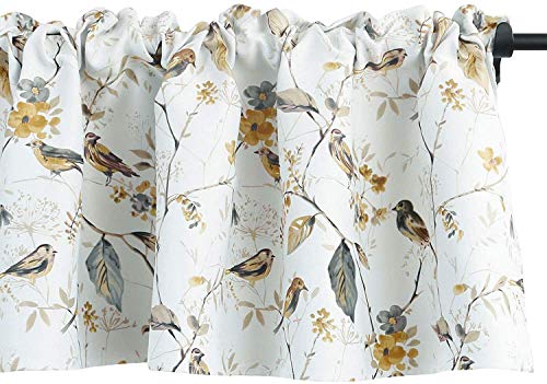 Gray Birds Valance for Kitchen Windows Floral Print Window Shades Rod Pocket, view 2