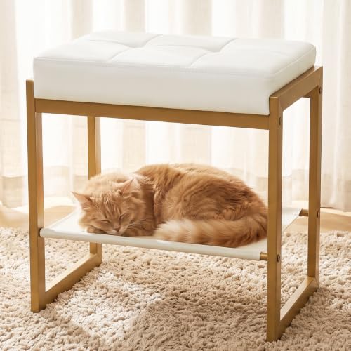 White Gold Vanity Stool, Vanity Chair Stools with a Lower Storage Shelf, Faux Leather Upholstered Ottoman Bench for Bedroom, Living Room, Modern Metal Legs Makeup Chairs