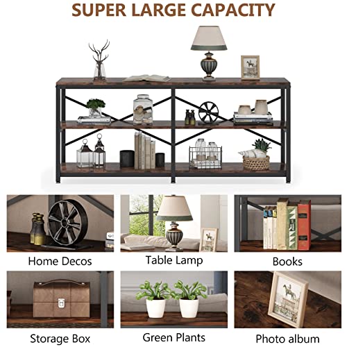 Tribesigns 70.9 Inch Extra Long Console Table, Modern Sofa Table Behind Couch Table with Storage Shelves, 3-Tier Industrial Hallway Entryway Table for Living Room, 3 Shelf Bookshelf(Brown)