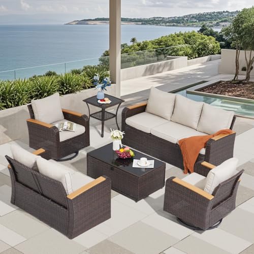6 Pieces Patio Furniture Sets with Swivel Chairs, Wicker Outdoor Furniture Set for Porch Deck Bistro Lawn Garden Backyard Poolsid- Brown Rattan/Khaki
