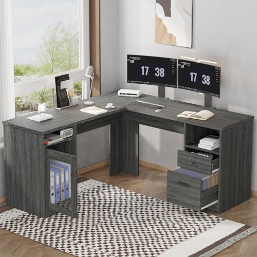 L Shaped Desk with File Cabinet, Corner Computer Desk with Storage Drawers, Large Home Office Table with Power Outlets, 60 Inch (Grey)