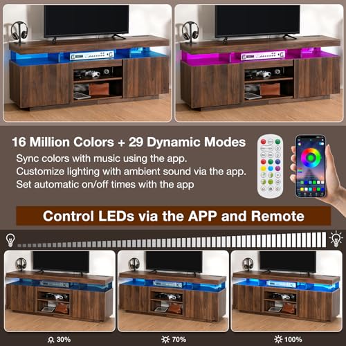 Modern LED TV Stand for 75 Inch TV, Walnut TV Console with Power Outlet, Entertainment Center with Storage for 75/70/65 inch TVs, Rustic Gaming Media Console Cabinet for Living Room (64 Inch)