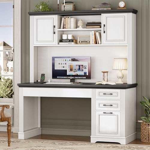 Farmhouse Computer Desk with Hutch and 3 Drawers, 47.2" Executive Office Desk with Storage Drawers, Wood Desk with Power Outlet for Home Office, White