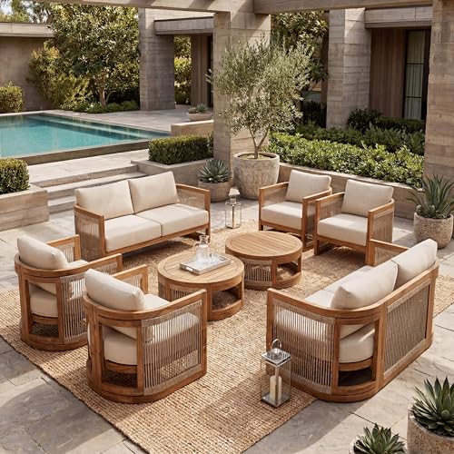 Nesbit 8-Seater Patio Furniture Set with Removable Cushion, 8 Piece Outdoor Acacia Wood Conversation Set, Wooden Outdoor Sectional Sofa Set with Coffee Table, Beige