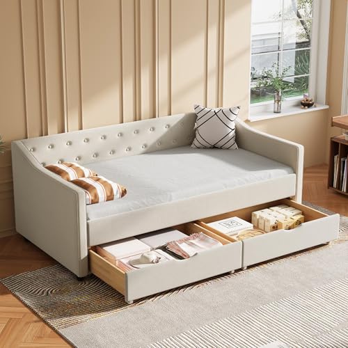81" Upholstered Tufted Sofa Bed - Deep Seat Pull-Out with Breathable Fabric, Two Drawers for Living Room, Beige