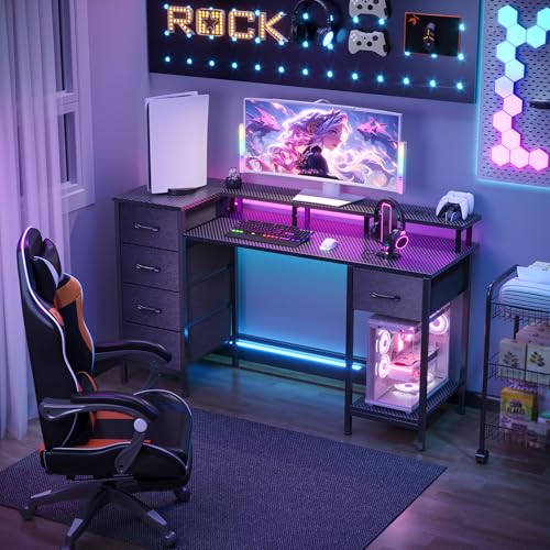 47 Inch Computer Gaming Desk with Power Outlets & LED Lights Reversible Home Office Desk with Adjustable 5 Fabric Storage Drawers for Working Writing Study, Carbon Fiber Black