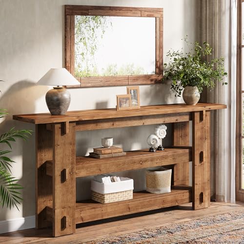 63-Inch Solid Wood Console Table, Farmhouse Sofa Table Behind Couch with Storage Shelves, Entryway Furniture for Living Room, Hallway, Foyer, Rustic Brown