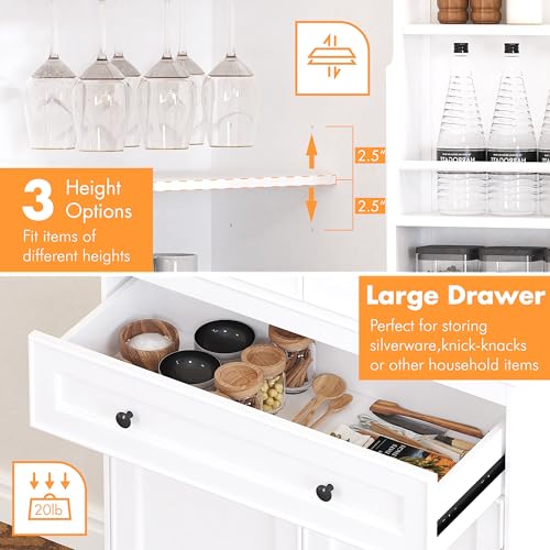 71'' Tall Kitchen Pantry Cabinet, Wood Food Pantry Cabinet with Drawers and Wine Glass Rack, Freestanding Storage Cabinet for Kitchen, Living Room, Dining Room, White