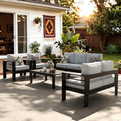 Outdoor Aluminum Furniture Set, 5 Pieces Patio Sectional Conversation Chat Sofa Modern Seating Set with Coffee Table