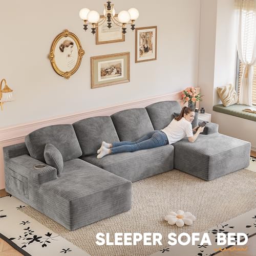 142" Boneless Couch, Modular Sectional Sofa, No Assembly Required, Memory Foam Filling, Corduroy U-Shaped Sofa, Movable Multi-Person Couch for Living Room (Grey)