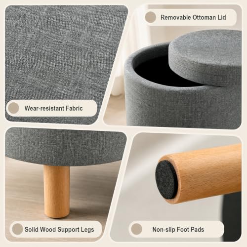Round Storage Ottoman with Tray, Accent Storage Footstool, Gray, view 8